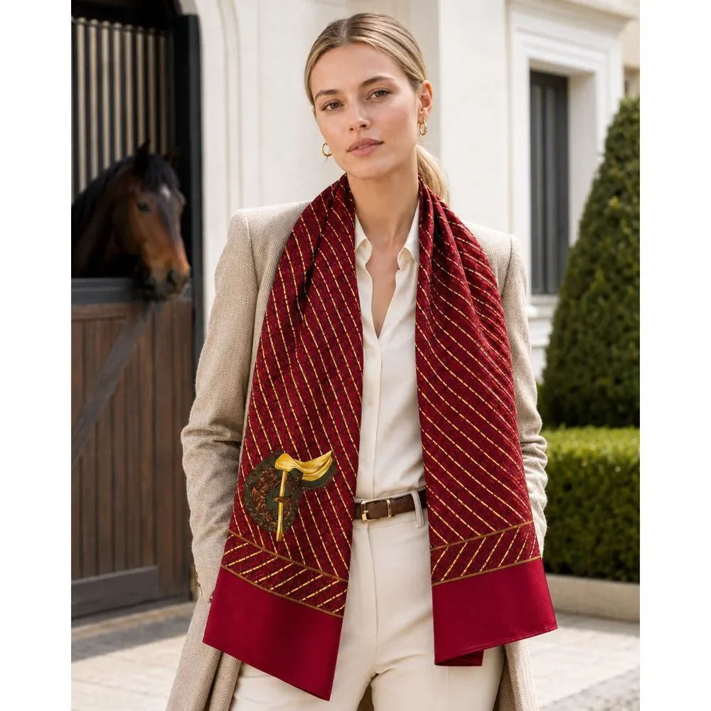 Vintage Equestrian Horse Saddle Horseshoe Red Gold Long Rectangle Scarf